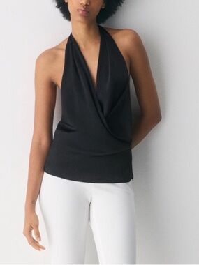 NWOT Aritzia Wilfred Martini Satin Black Draped Halter Tank Top XS